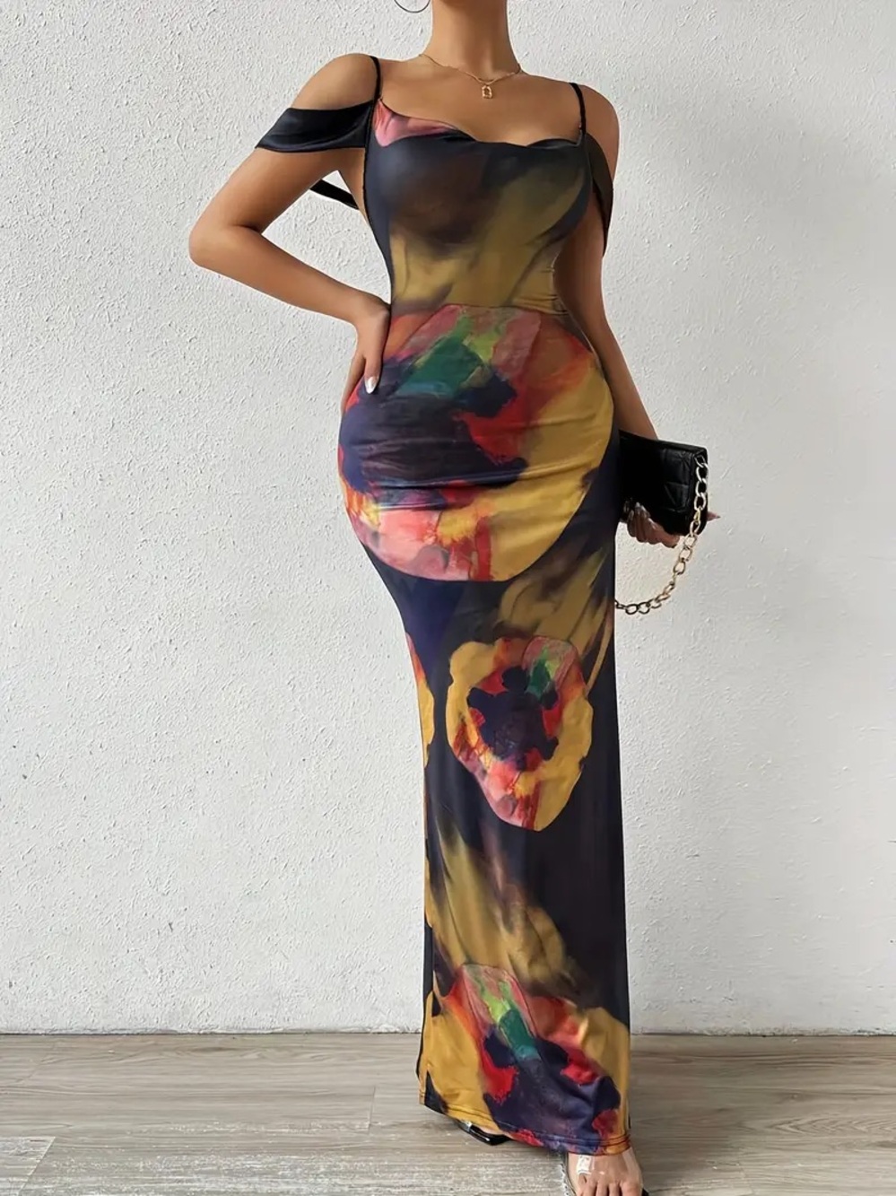ELEGANT OFF THE SHOULDER MAXI FRESS MULTICOLOR PRINT